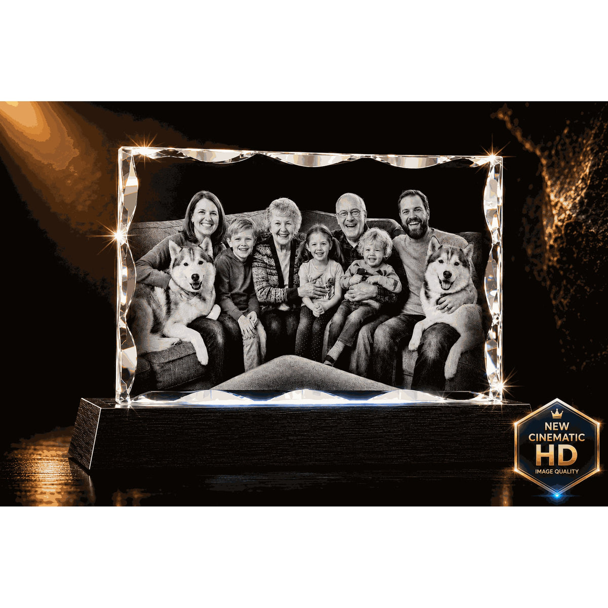 3D crystal notched rectangle photo engraving – family photo gift, gold-tone display | Crystal 3D Pix