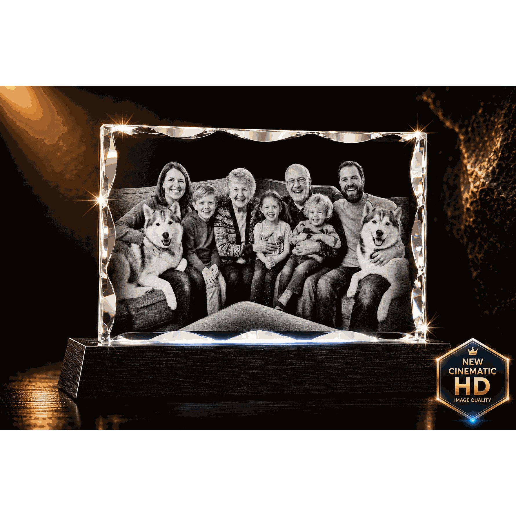 3D crystal notched rectangle photo engraving – family photo gift, gold-tone display | Crystal 3D Pix