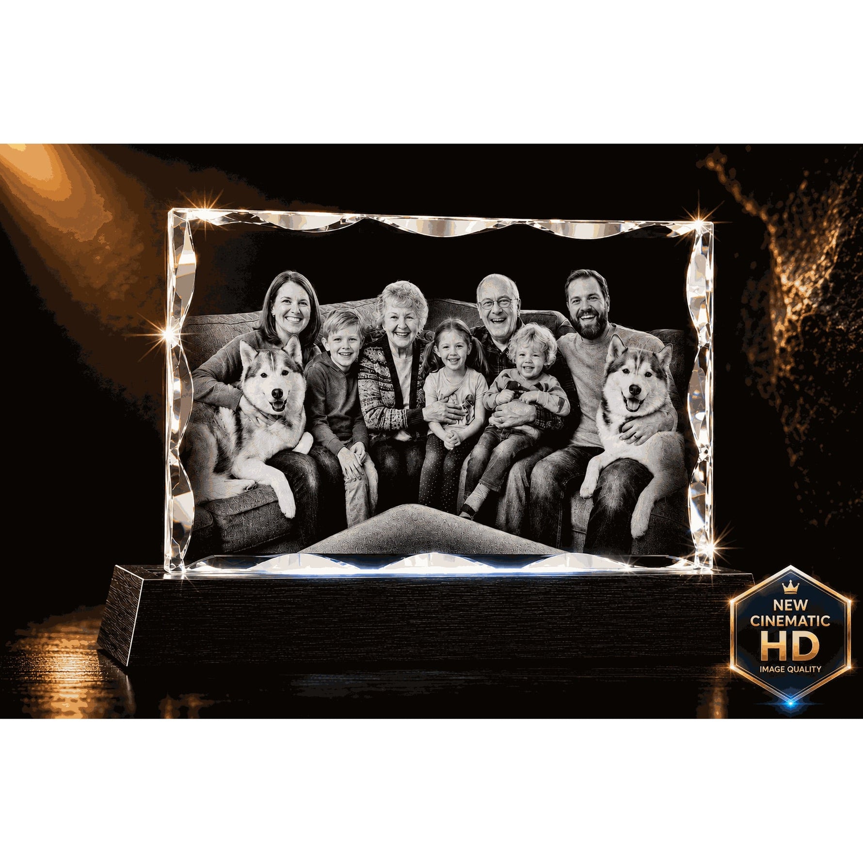 3D crystal notched rectangle photo engraving – family photo gift, gold-tone display | Crystal 3D Pix