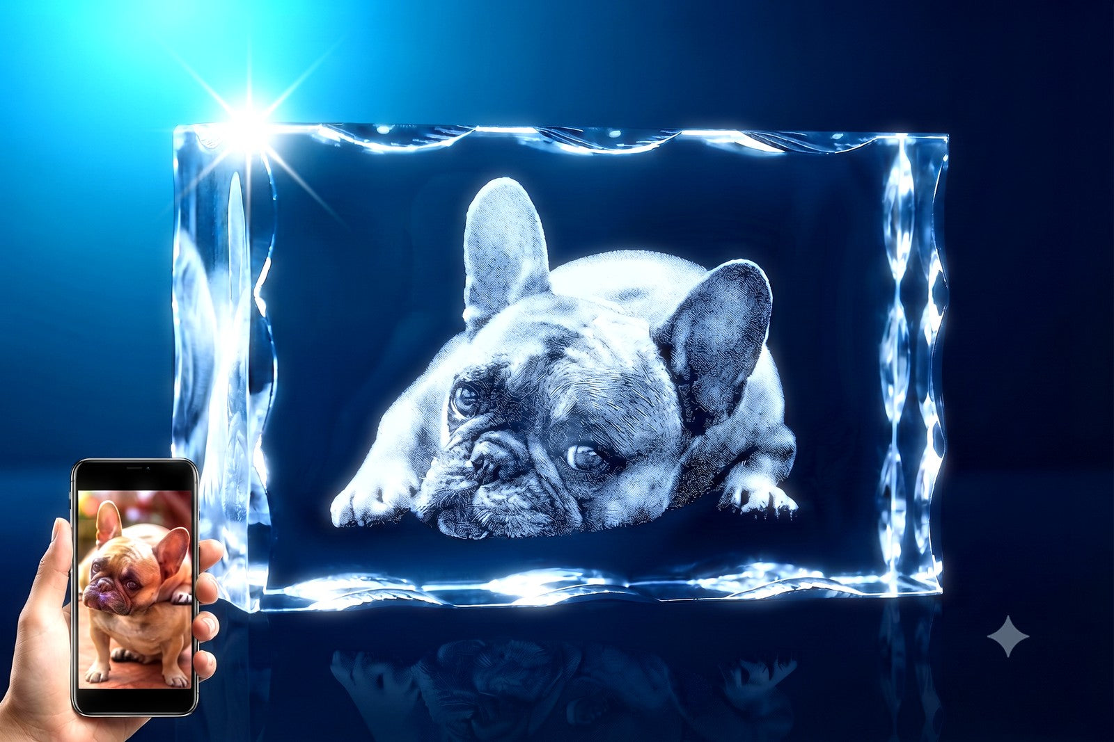 3D crystal notched rectangle photo engraving – pet photo gift, gold-tone display | Crystal 3D Pix