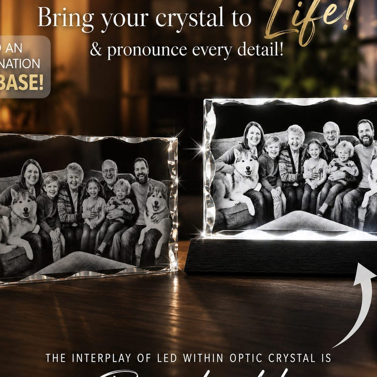 3D crystal notched tall photo engraving – bundle gift set, gold-tone display | Crystal 3D Pix