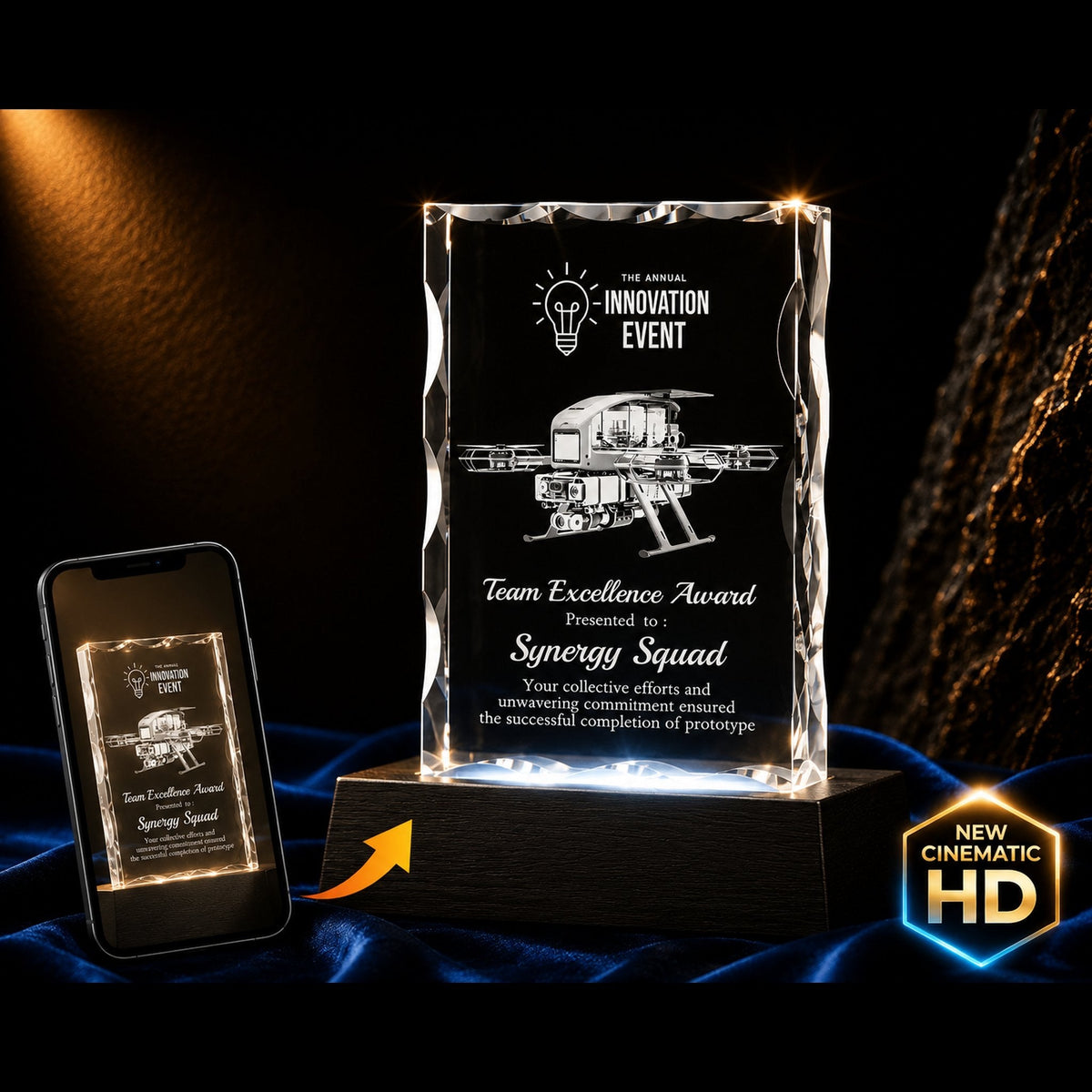 3D crystal notched tall photo engraving – corporate award, gold-tone display (alternate) | Crystal 3D Pix