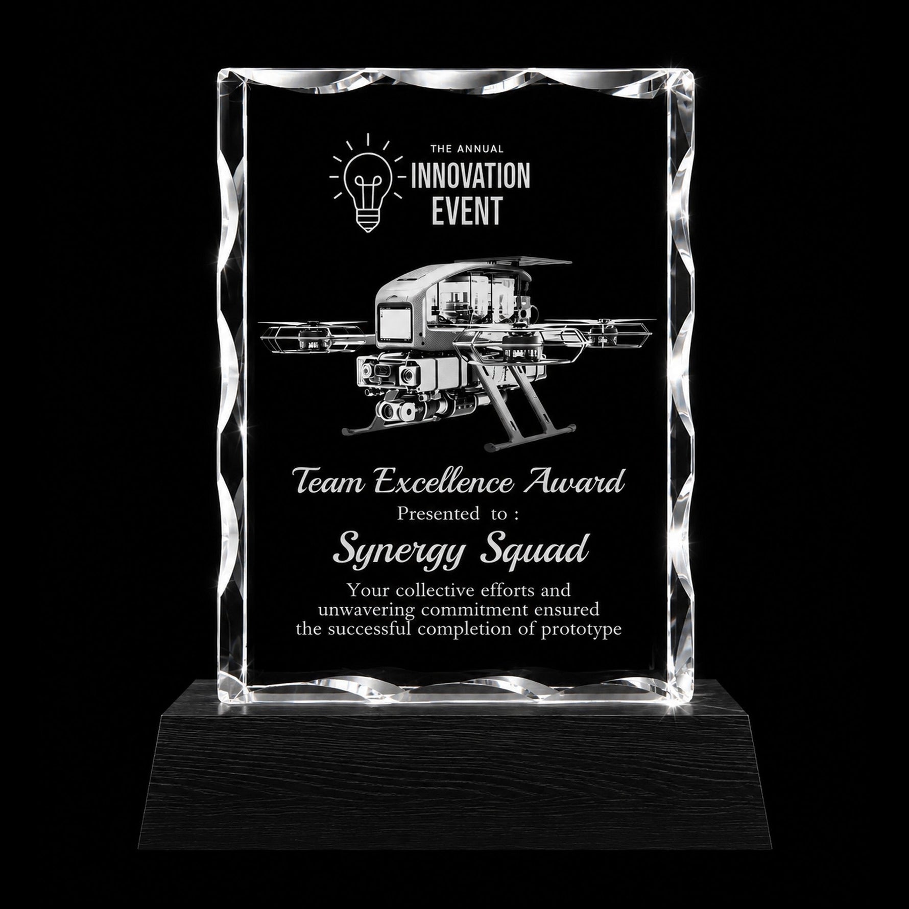 3D crystal notched tall photo engraving – corporate award, gold-tone display (alternate) | Crystal 3D Pix