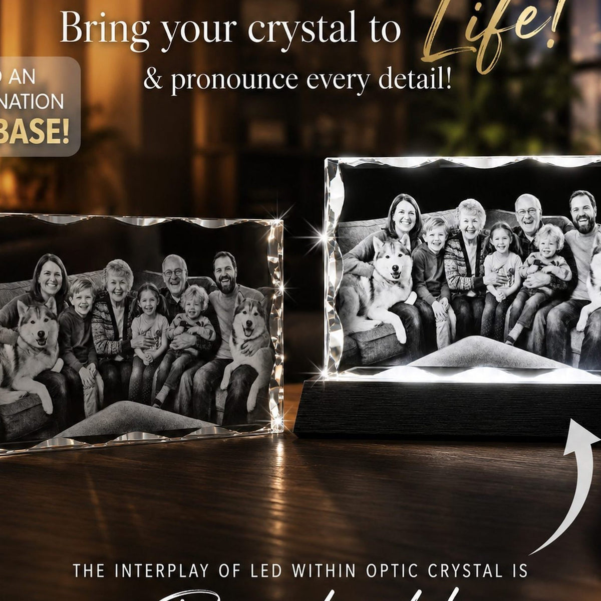 3D crystal notched tall photo engraving – custom photo gift, gold-tone display | Crystal 3D Pix