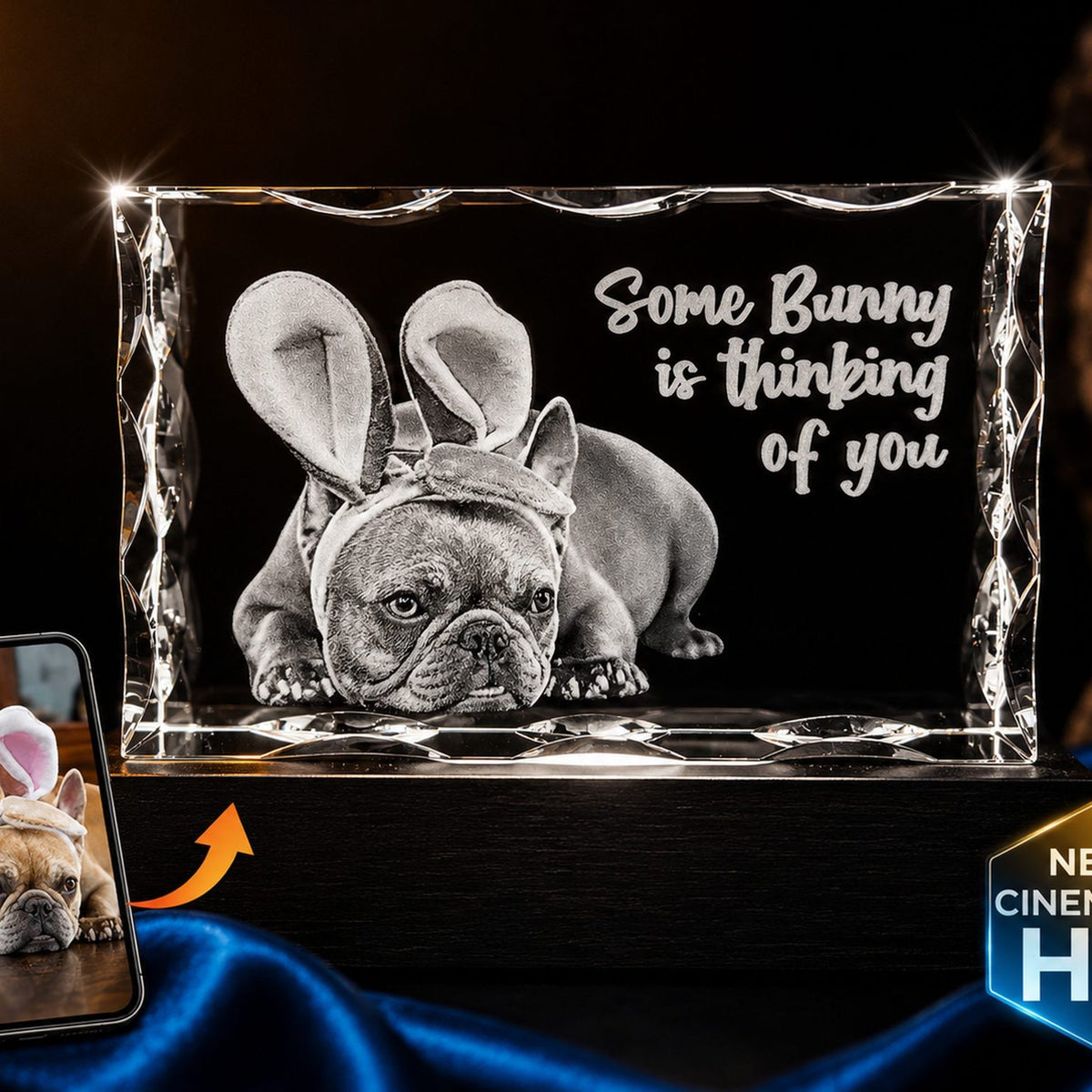 3D crystal notched tall photo engraving – pet photo gift, gold-tone display | Crystal 3D Pix