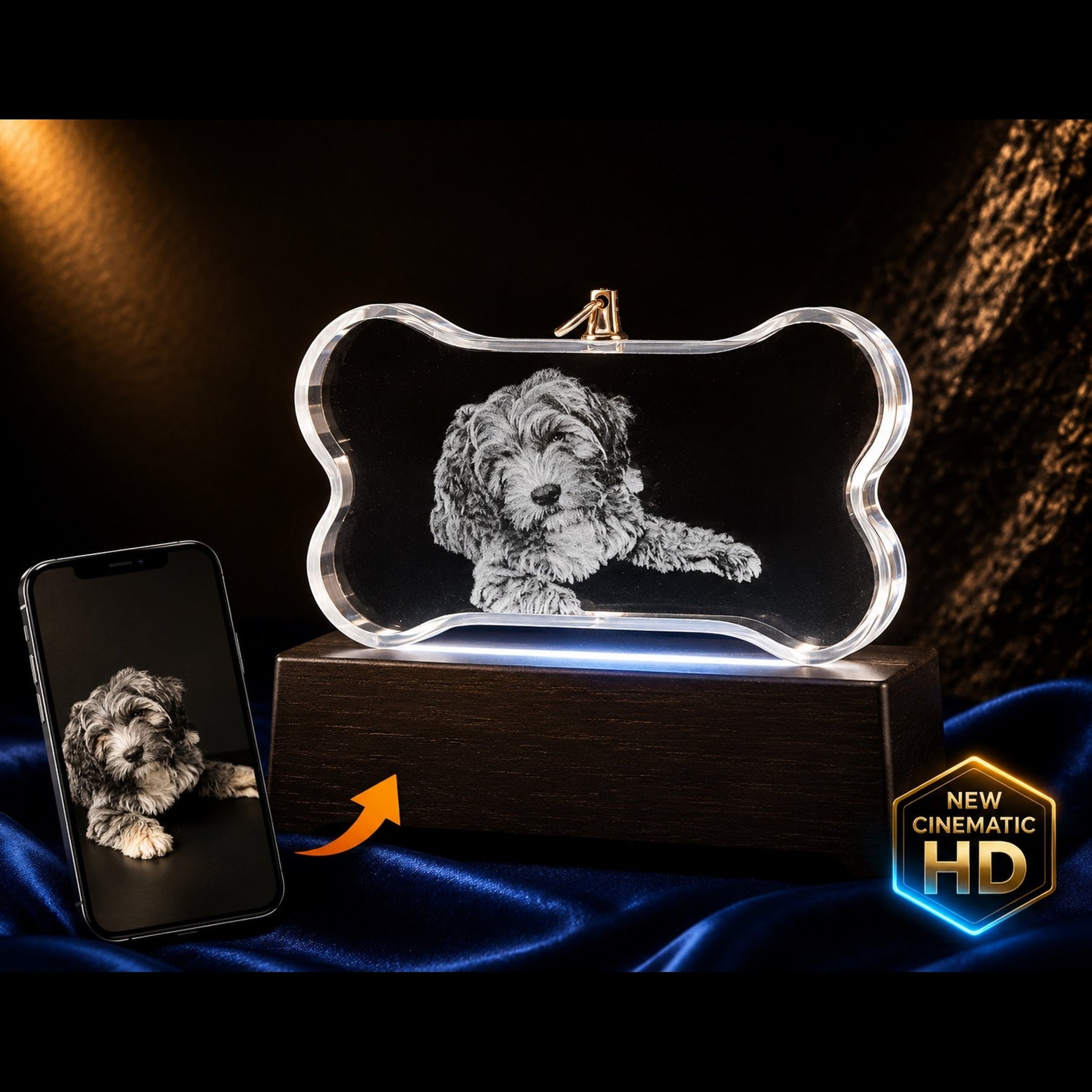 3D crystal ornament photo engraving – pet memorial keepsake, gold-tone display | Crystal 3D Pix