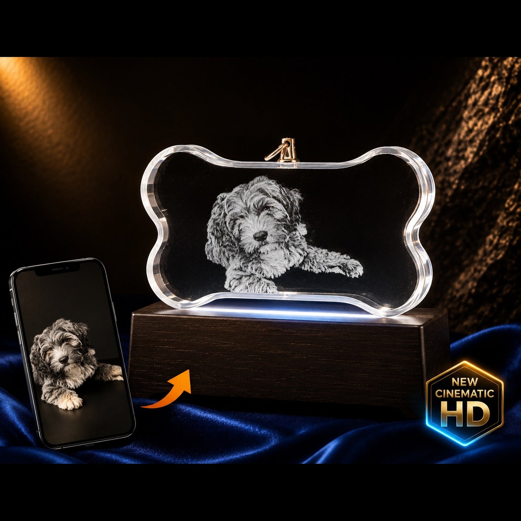 3D crystal ornament photo engraving – pet memorial keepsake, gold-tone display | Crystal 3D Pix