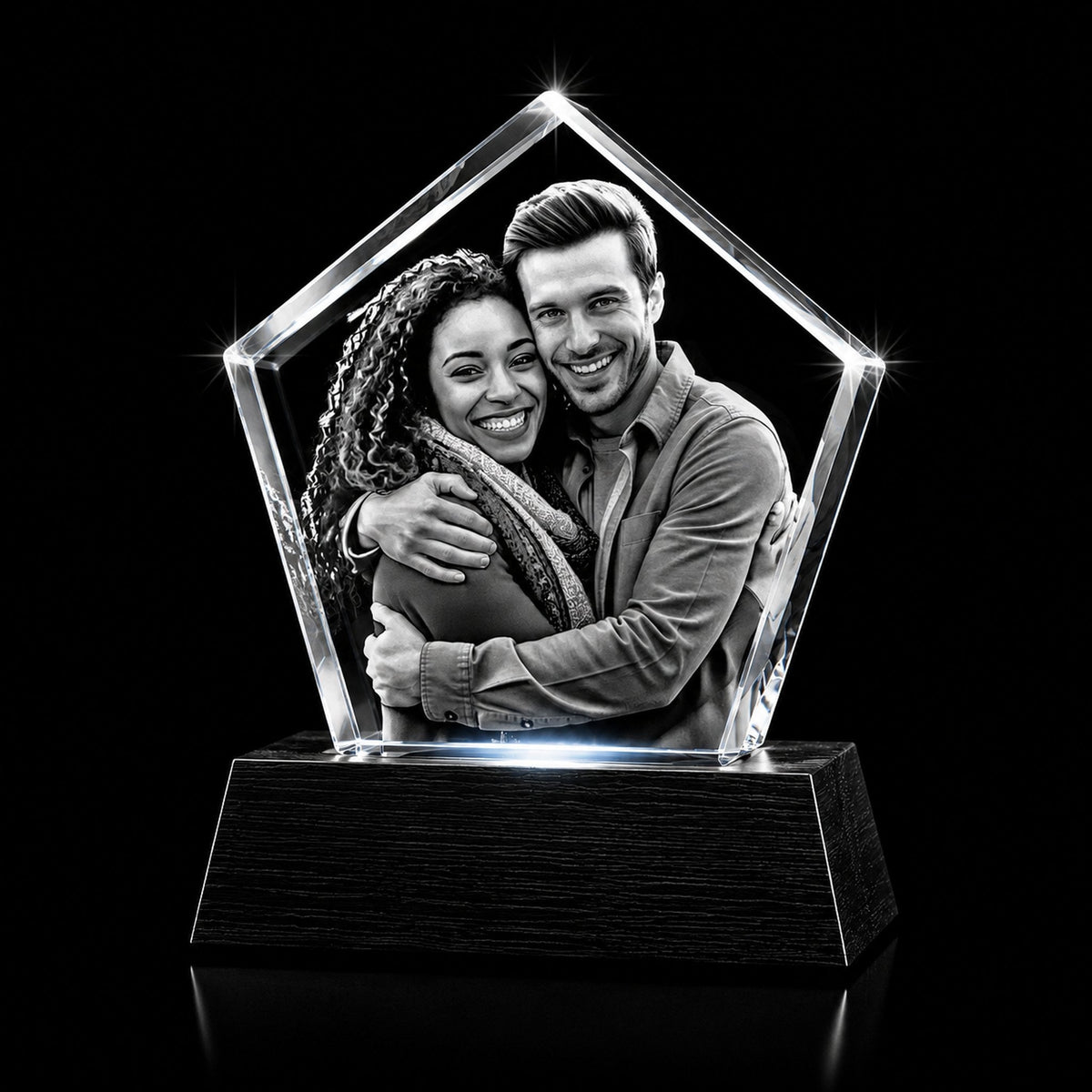 3D crystal pentagon photo engraving – corporate award, gold-tone display | Crystal 3D Pix