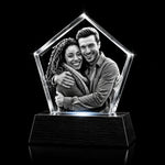 3D crystal pentagon photo engraving – corporate award, gold-tone display | Crystal 3D Pix