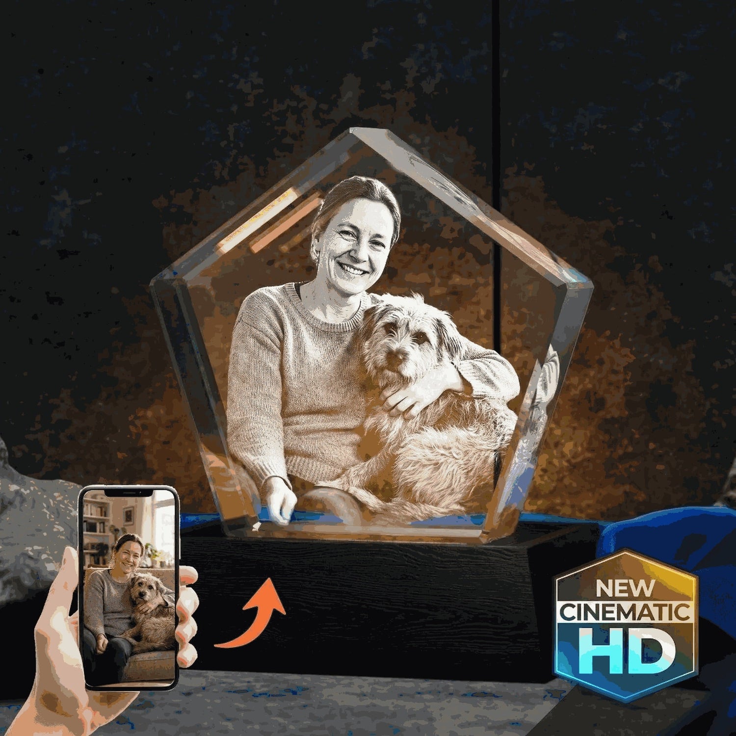 3D crystal pentagon photo engraving – pet photo gift, gold-tone display | Crystal 3D Pix