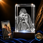 3D crystal rectangle photo engraving – anniversary gift, gold-tone display | Crystal 3D Pix