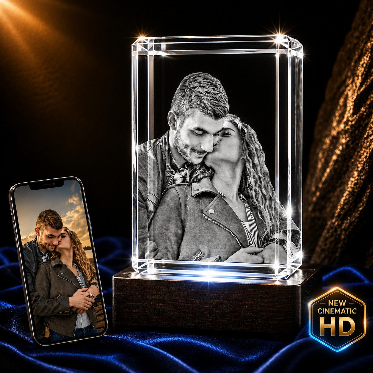 3D crystal rectangle photo engraving – anniversary gift, gold-tone display | Crystal 3D Pix