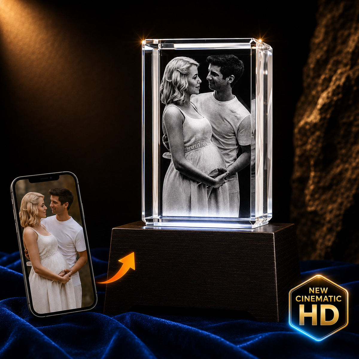 3D crystal rectangle photo engraving – baby photo gift, gold-tone display | Crystal 3D Pix