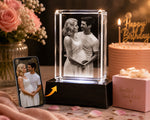 3D crystal rectangle photo engraving – birthday gift, gold-tone display | Crystal 3D Pix