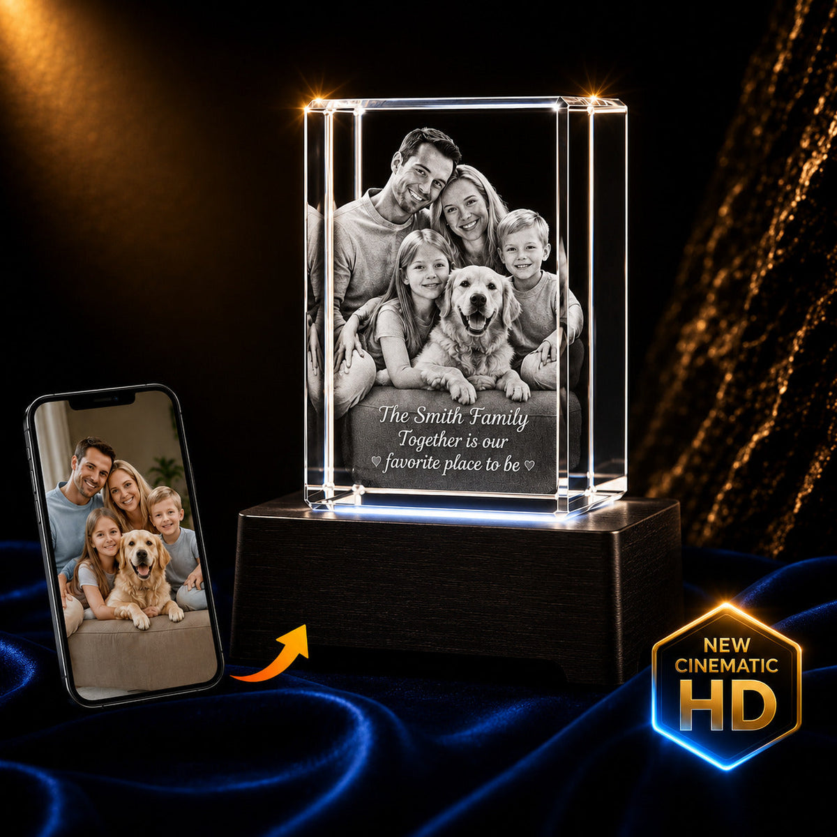 3D crystal rectangle photo engraving – family photo gift, gold-tone display | Crystal 3D Pix