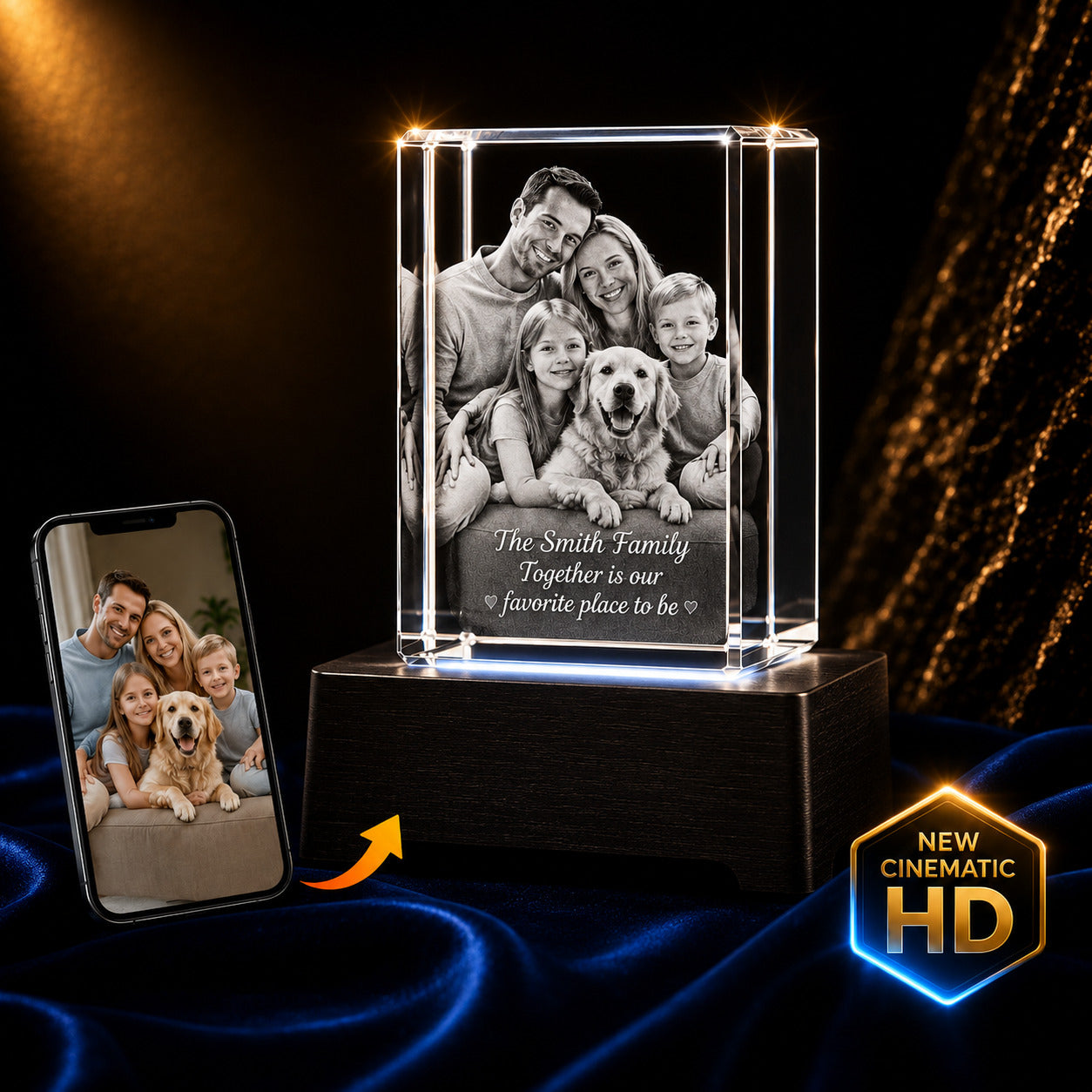 3D crystal rectangle photo engraving – family photo gift, gold-tone display | Crystal 3D Pix