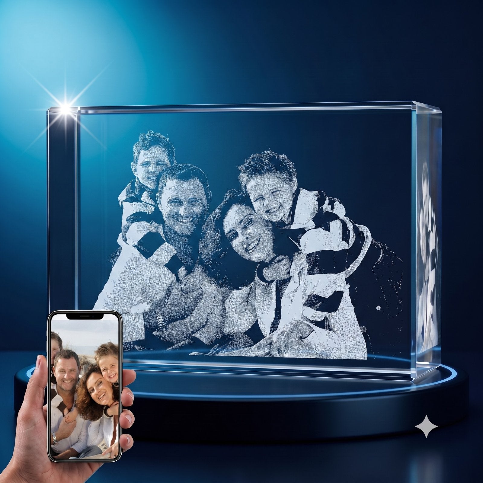 3D crystal rectangle photo engraving – family photo gift, gold-tone display | Crystal 3D Pix