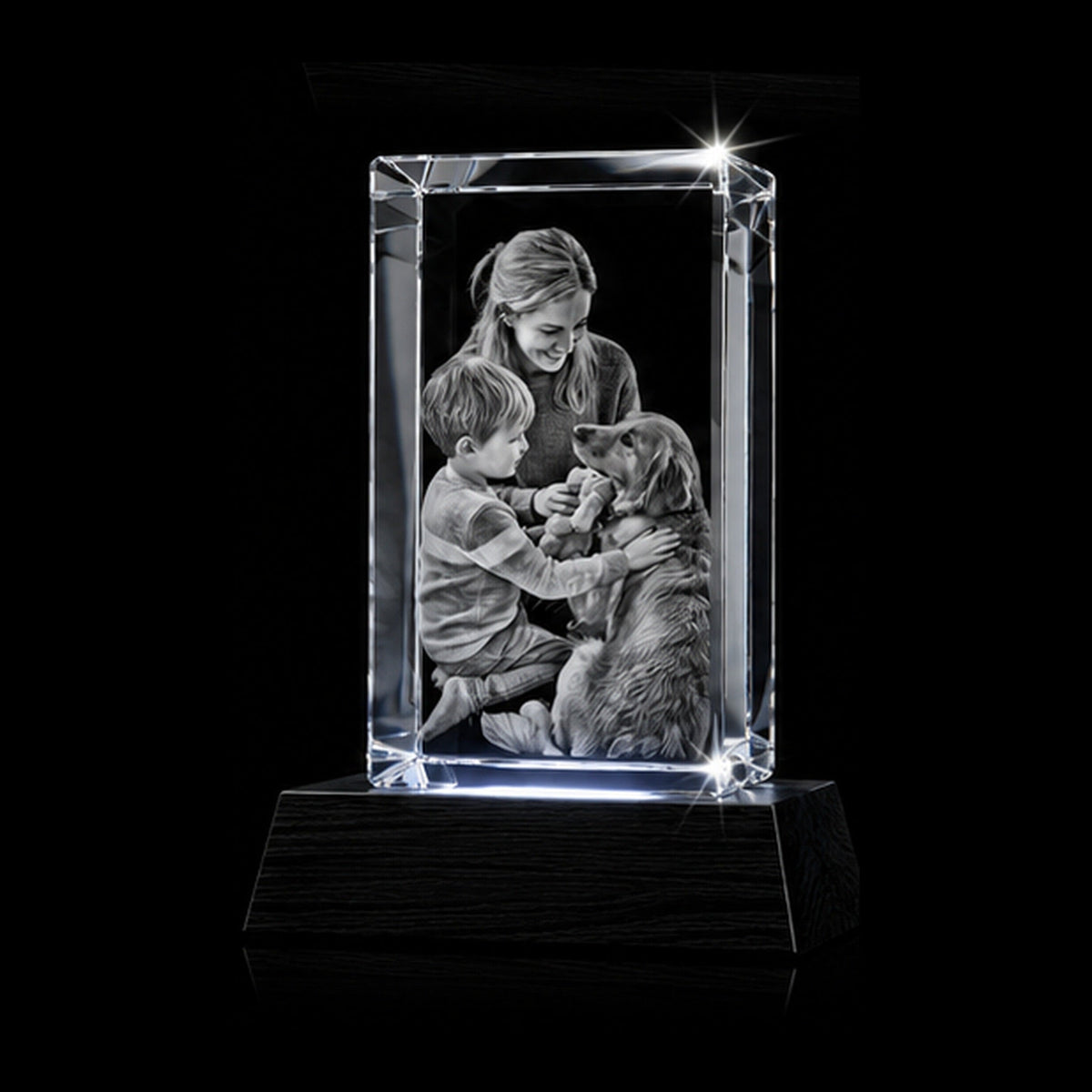 3D crystal rectangle photo engraving – family photo gift, gold-tone display (alternate) | Crystal 3D Pix