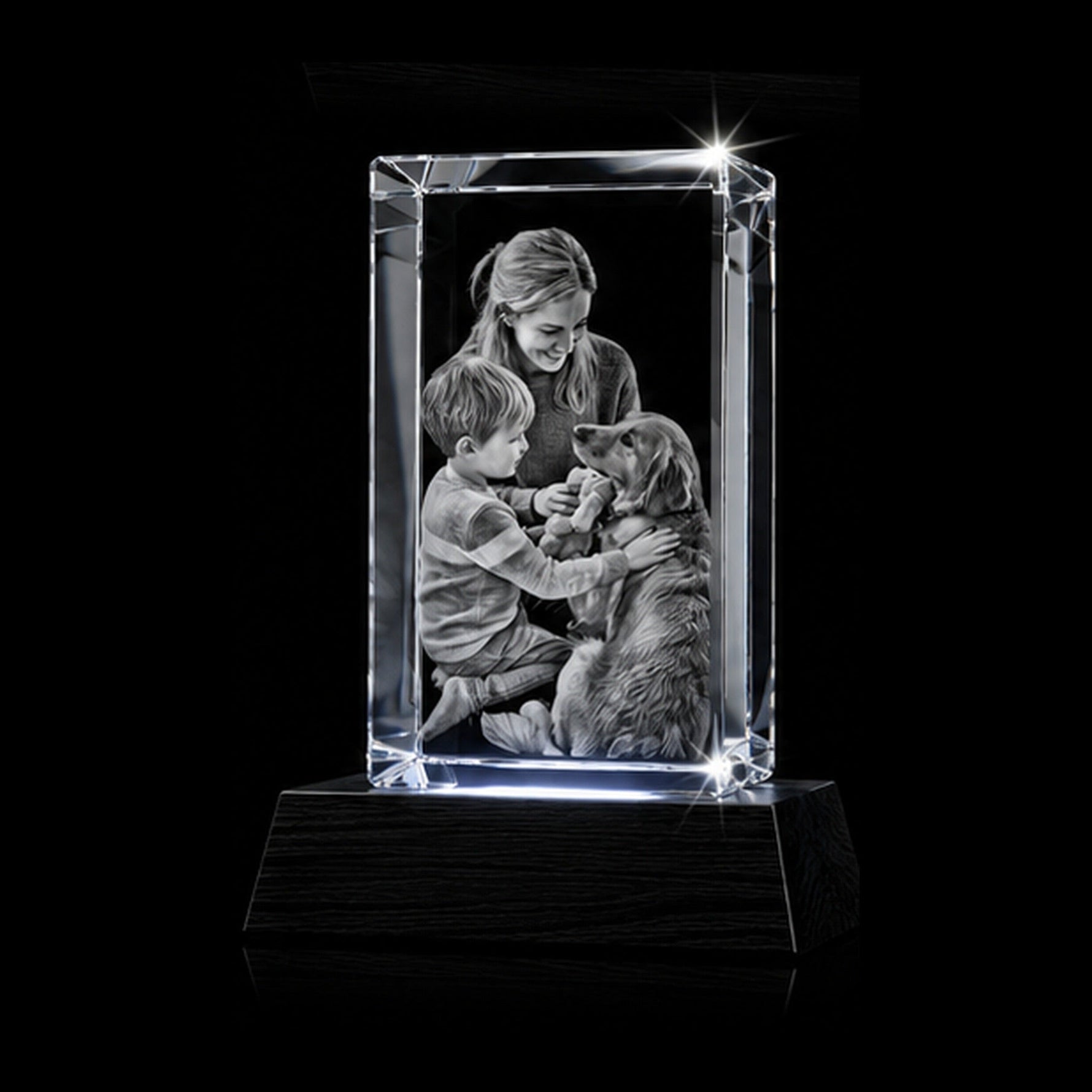 3D crystal rectangle photo engraving – family photo gift, gold-tone display (alternate) | Crystal 3D Pix