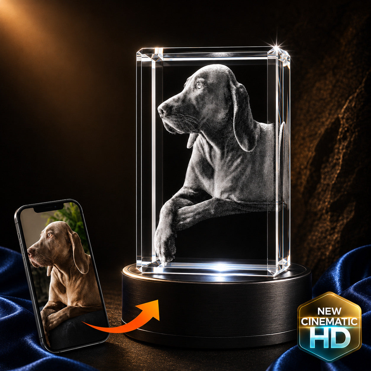 3D crystal rectangle photo engraving – custom photo gift, gold-tone display | Crystal 3D Pix
