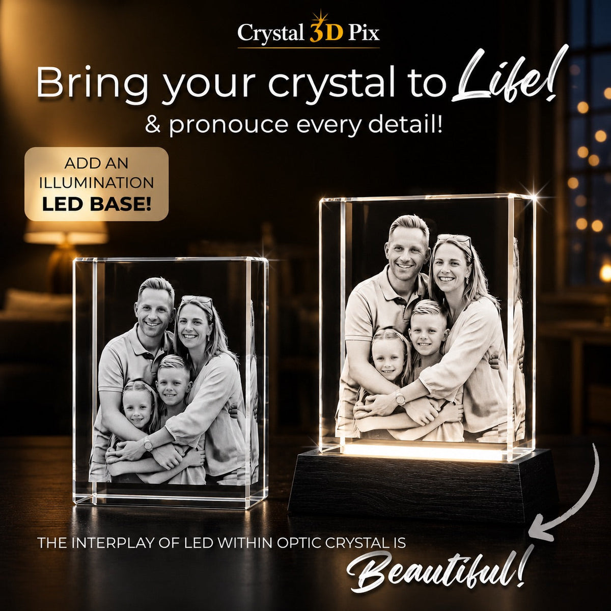 3D crystal rectangle photo engraving – custom photo gift, gold-tone display | Crystal 3D Pix
