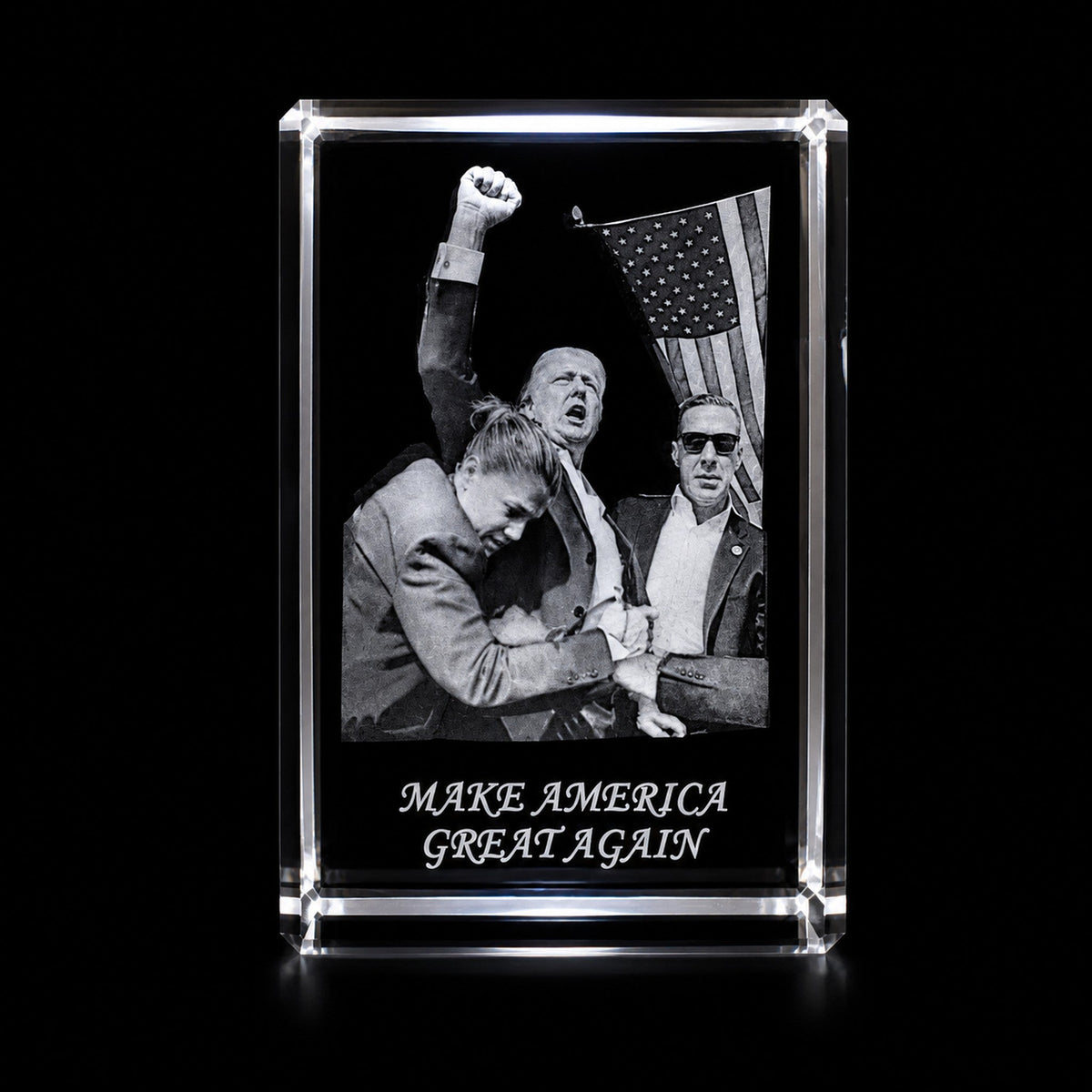 3D crystal rectangle photo engraving – patriotic gift, gold-tone display | Crystal 3D Pix