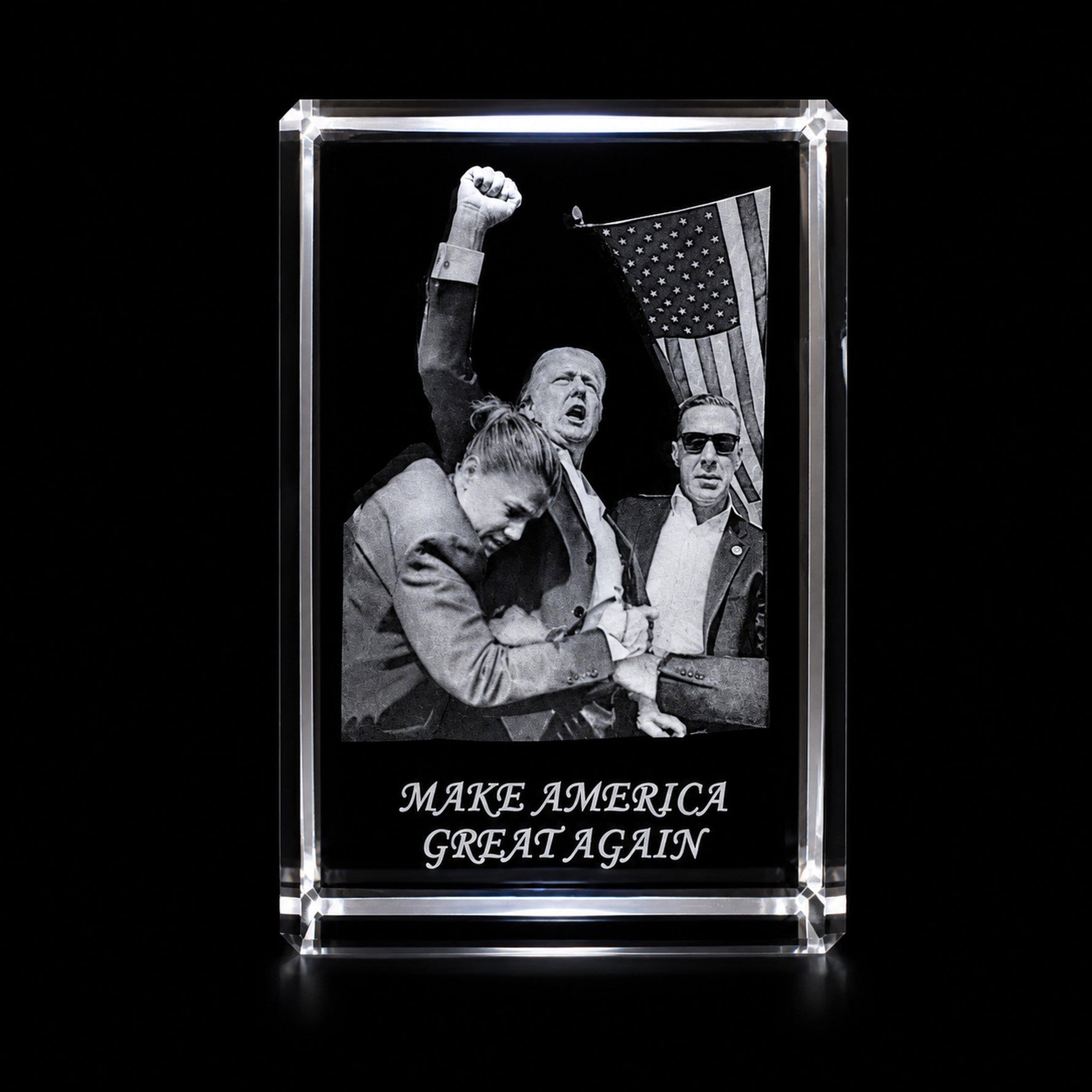 3D crystal rectangle photo engraving – patriotic gift, gold-tone display | Crystal 3D Pix
