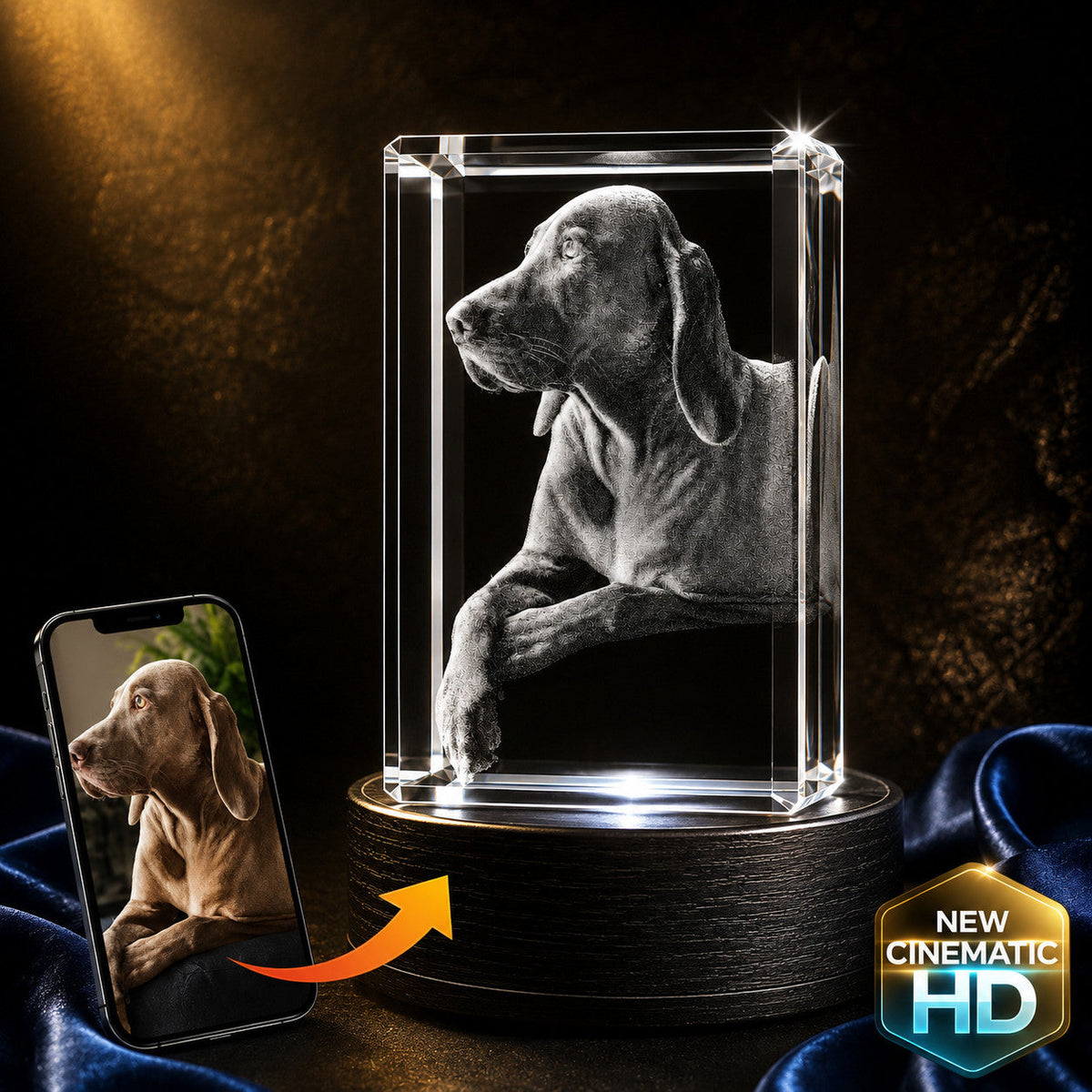3D crystal rectangle photo engraving – pet photo gift, gold-tone display (alternate) | Crystal 3D Pix