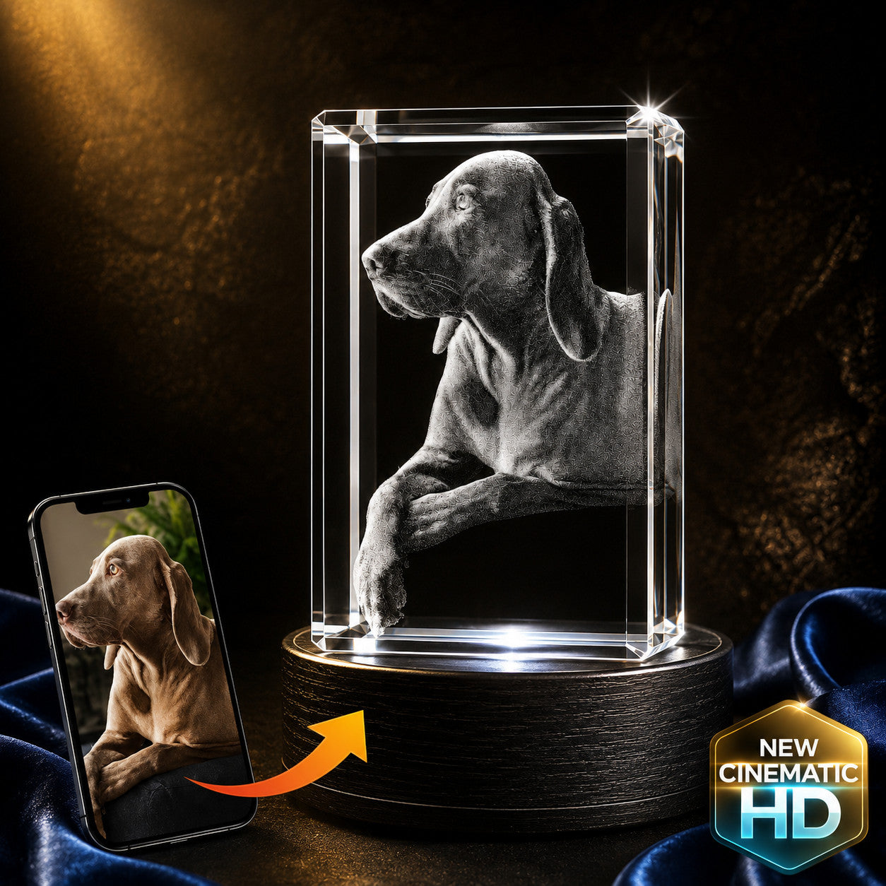 3D crystal rectangle photo engraving – pet photo gift, gold-tone display (alternate) | Crystal 3D Pix