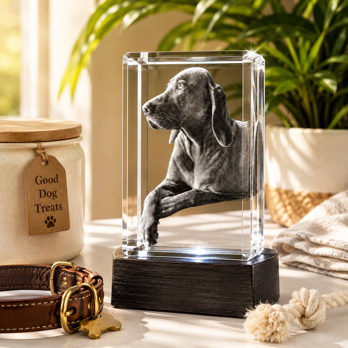 3D crystal rectangle photo engraving – pet photo gift, gold-tone display (alternate) | Crystal 3D Pix