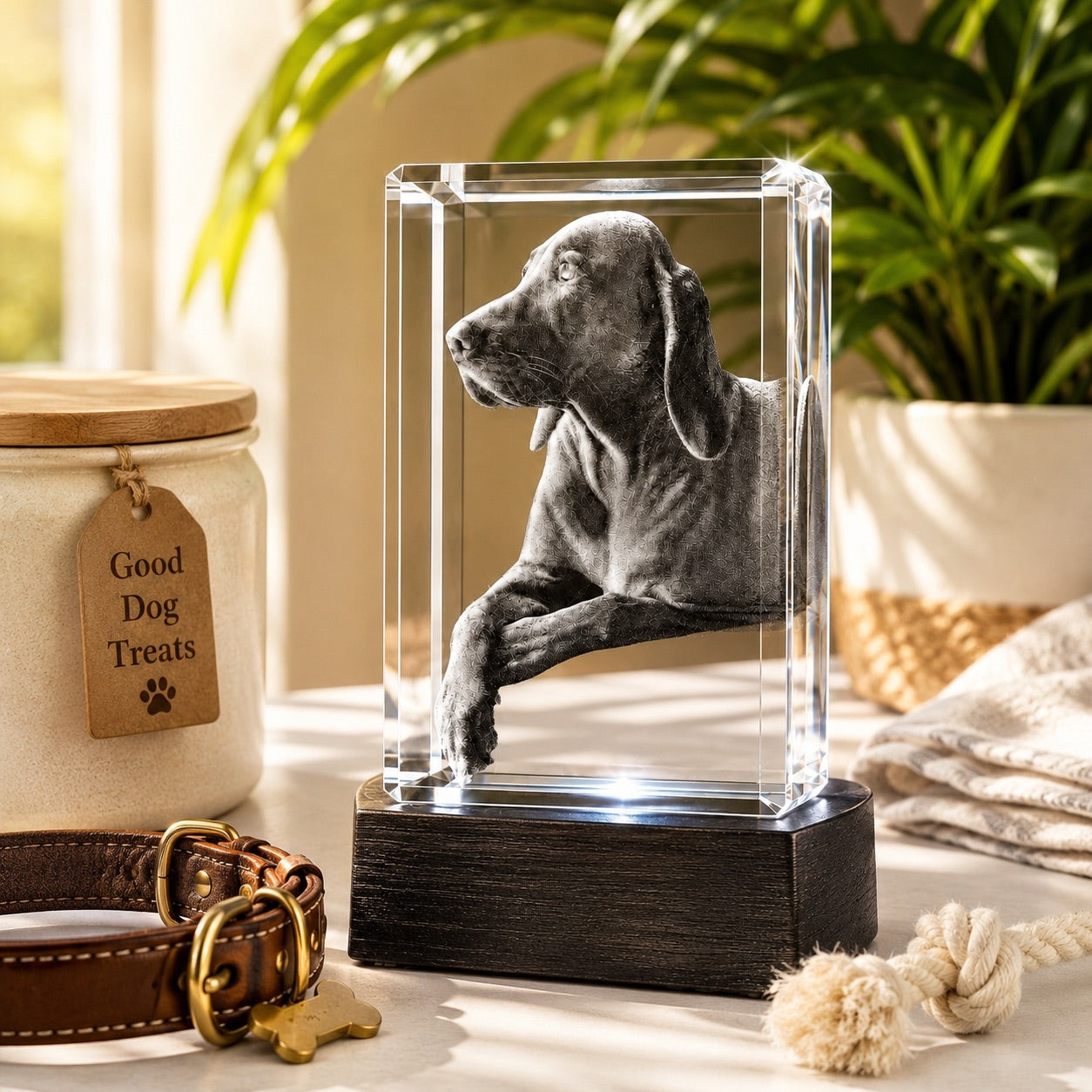 3D crystal rectangle photo engraving – pet photo gift, gold-tone display (alternate) | Crystal 3D Pix