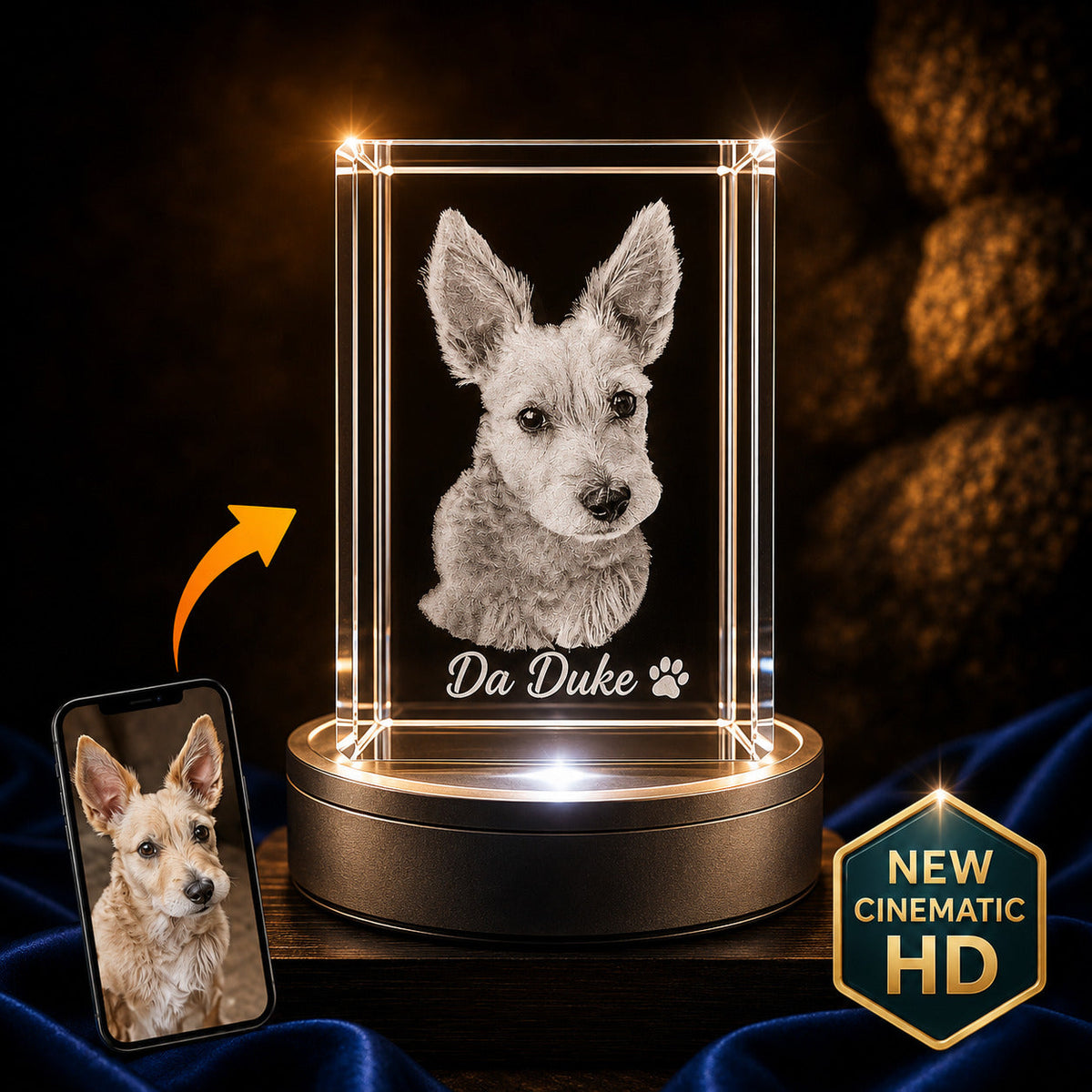 3D crystal rectangle photo engraving – pet photo gift, gold-tone display | Crystal 3D Pix