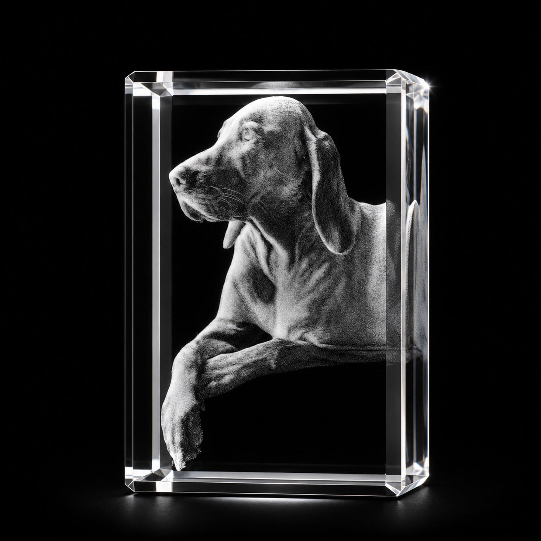 3D crystal rectangle photo engraving – pet photo gift, gold-tone display | Crystal 3D Pix