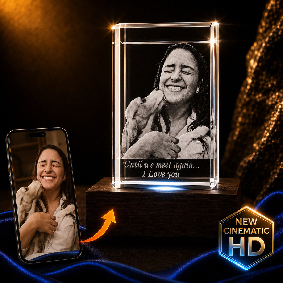 3D crystal rectangle photo engraving – pet memorial keepsake, gold-tone display | Crystal 3D Pix
