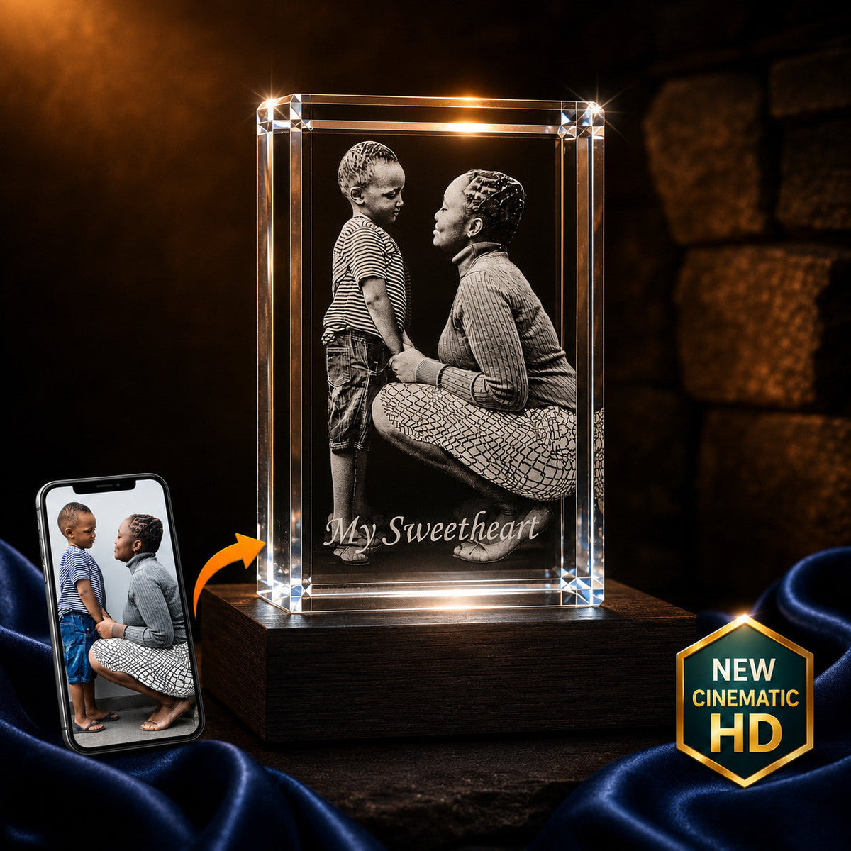 3D crystal rectangle photo engraving – sweetheart gift, gold-tone display | Crystal 3D Pix