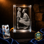 3D crystal rectangle photo engraving – sweetheart gift, gold-tone display | Crystal 3D Pix