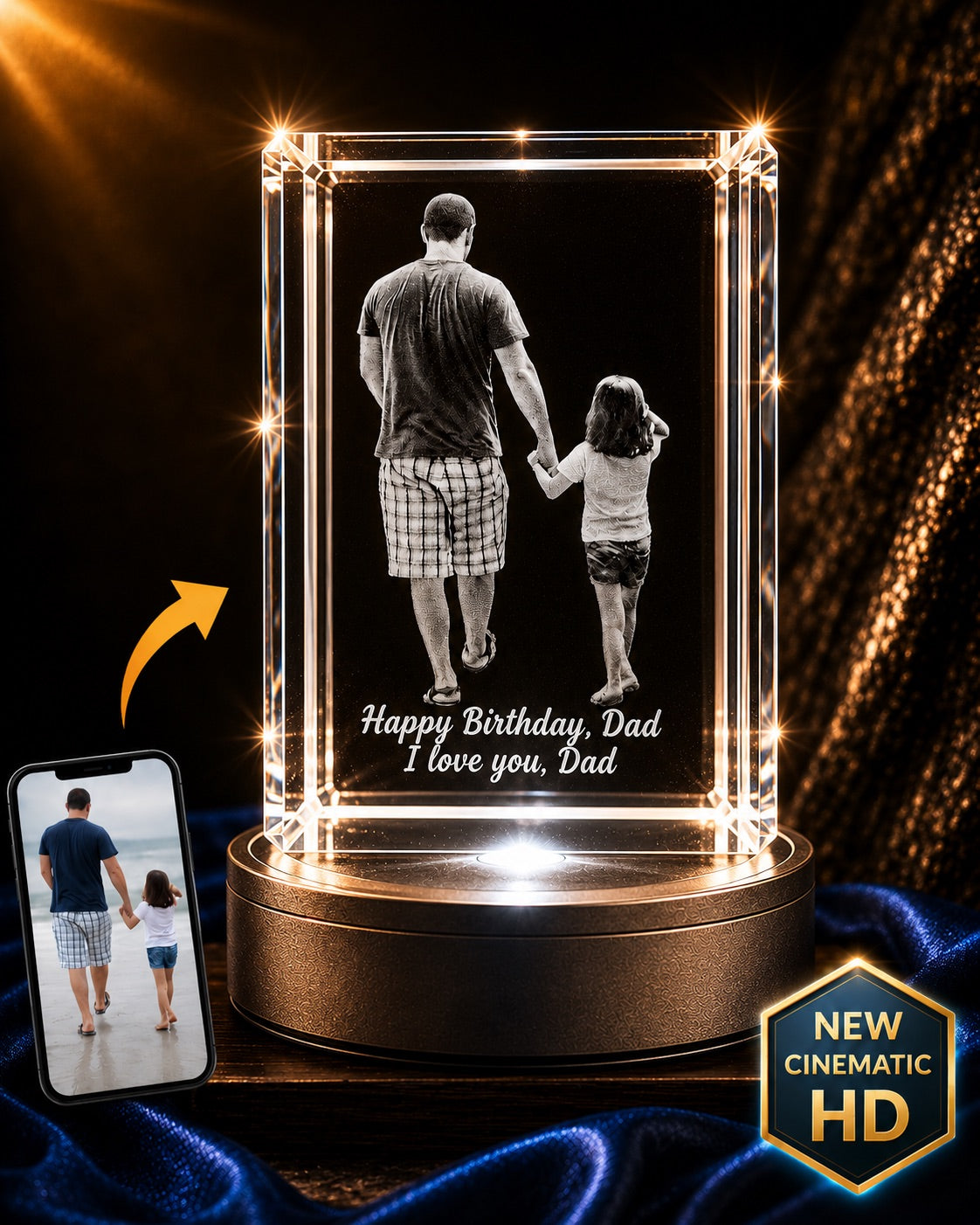 3D crystal vertical rectangle photo engraving – bundle gift set, gold-tone display | Crystal 3D Pix