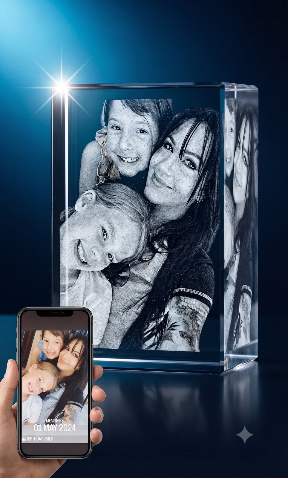 3D crystal vertical rectangle photo engraving – family photo gift, gold-tone display | Crystal 3D Pix