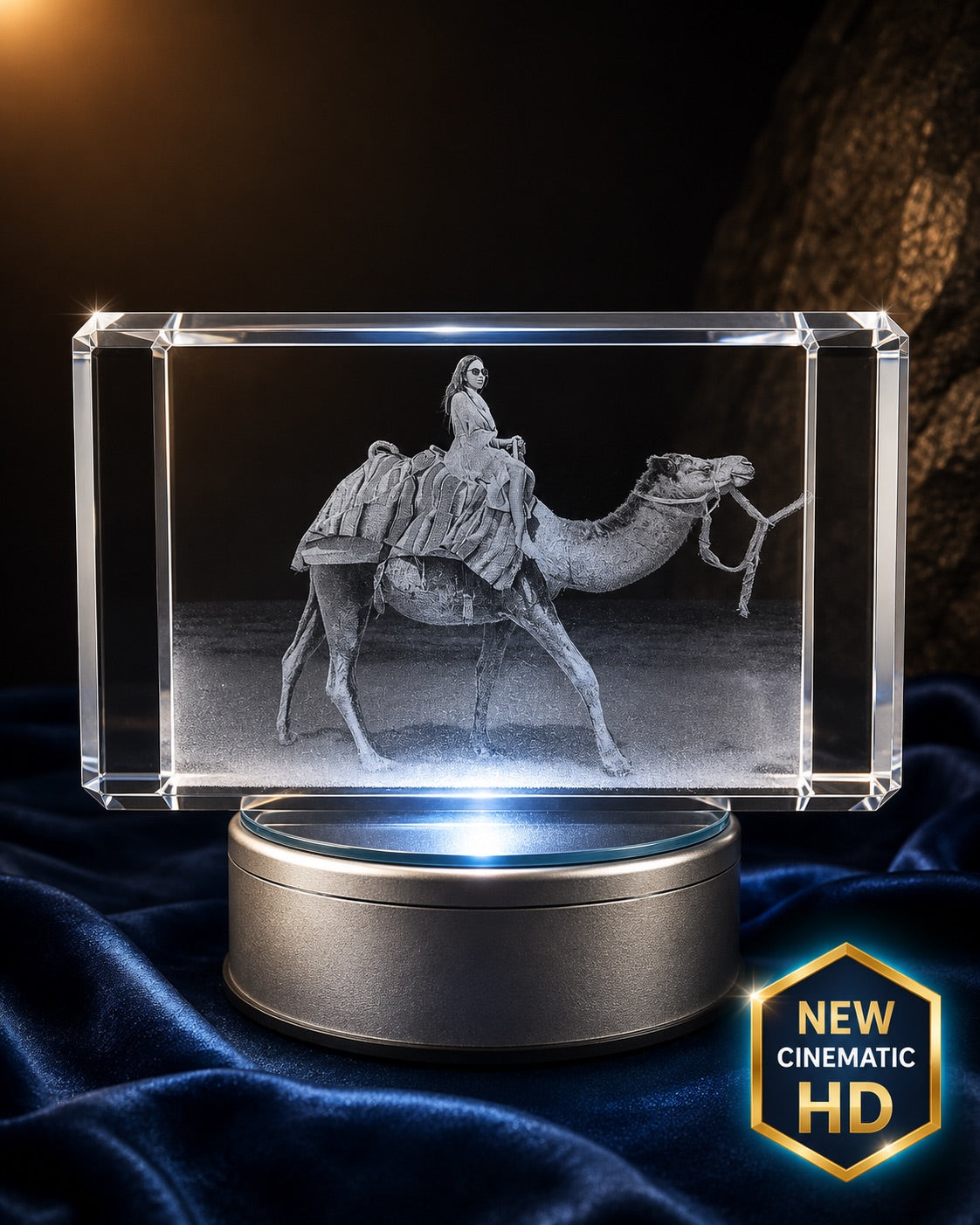 3D crystal vertical rectangle photo engraving – pet photo gift, gold-tone display | Crystal 3D Pix