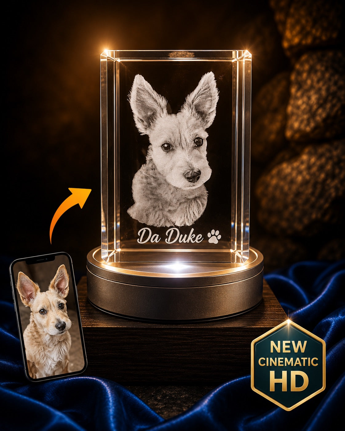3D crystal vertical rectangle photo engraving – pet photo gift, gold-tone display (alternate) | Crystal 3D Pix