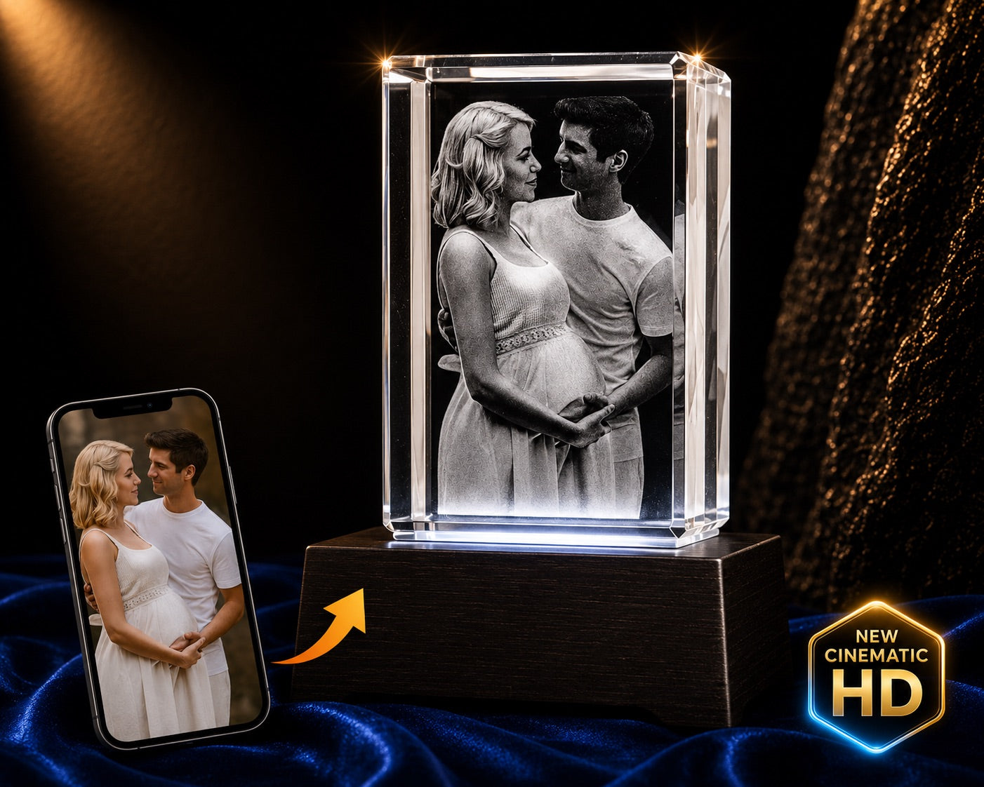 3D crystal horizontal rectangle photo engraving – baby photo gift, gold-tone display | Crystal 3D Pix