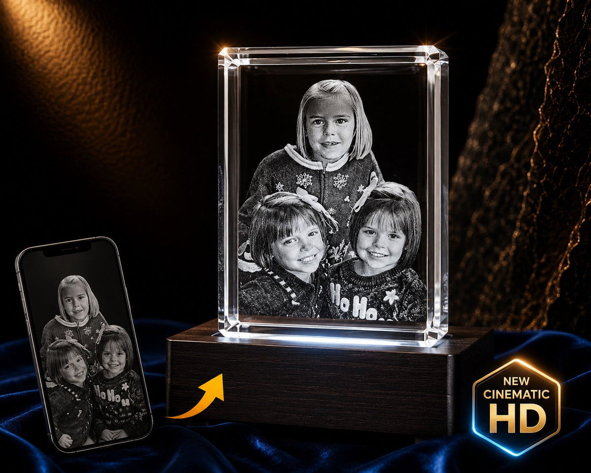 3D crystal horizontal rectangle photo engraving – christmas gift, gold-tone display | Crystal 3D Pix