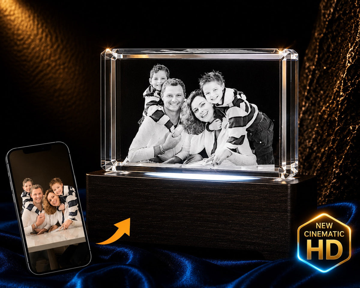 3D crystal horizontal rectangle photo engraving – custom photo gift, gold-tone display | Crystal 3D Pix