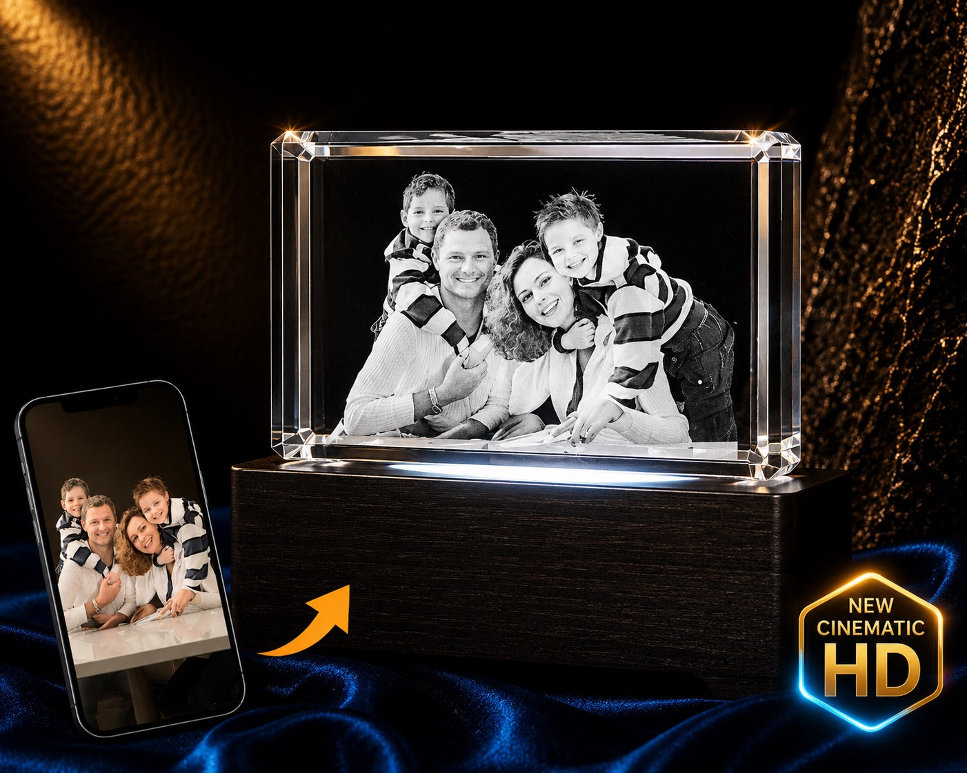 3D crystal horizontal rectangle photo engraving – custom photo gift, gold-tone display | Crystal 3D Pix