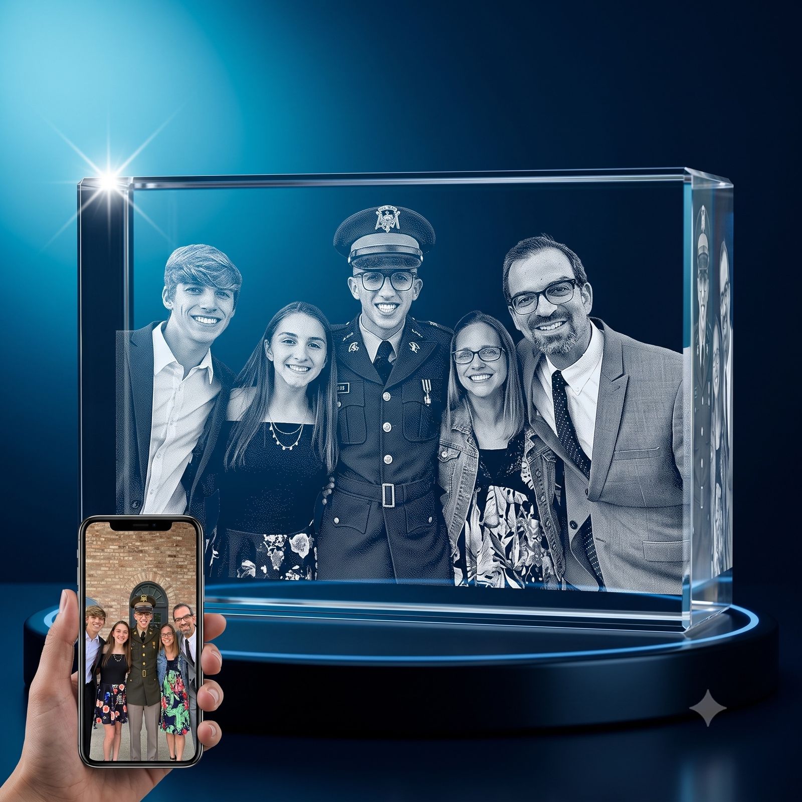 3D crystal horizontal rectangle photo engraving – graduation gift, gold-tone display | Crystal 3D Pix