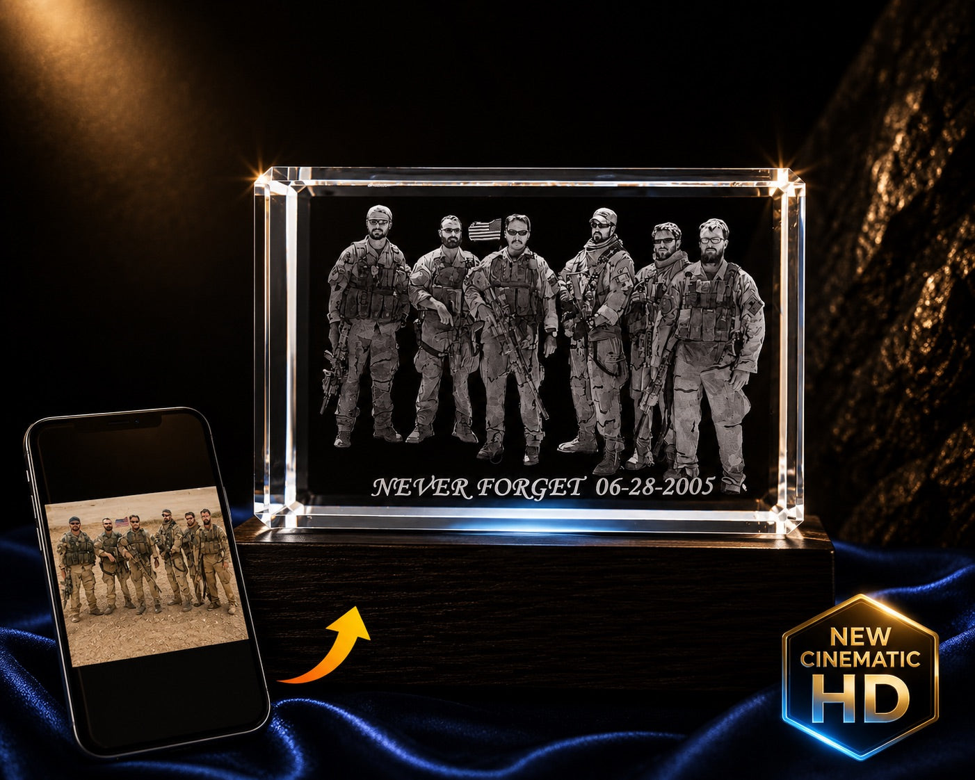 3D crystal horizontal rectangle photo engraving – memorial keepsake, gold-tone display | Crystal 3D Pix