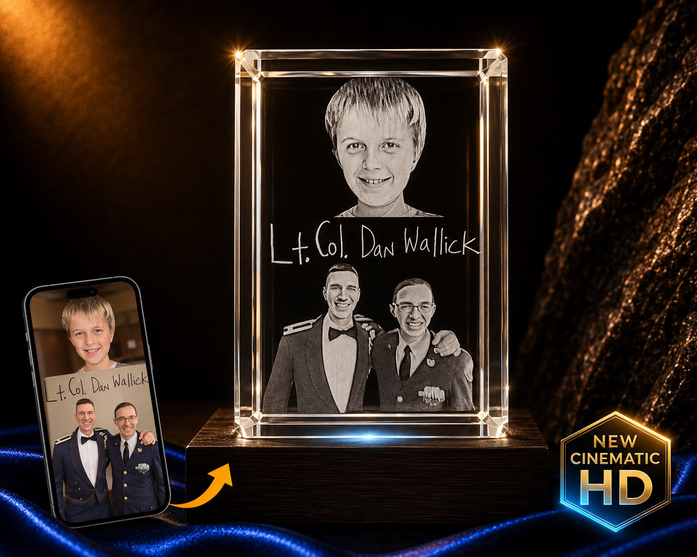 3D crystal horizontal rectangle photo engraving – memorial keepsake, gold-tone display (alternate) | Crystal 3D Pix