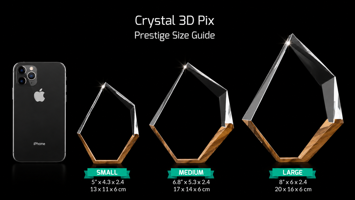 Crystal 3D Pix size guide with 3D Crystal Iceberg awards in small, medium, and large beside an iPhone and shown with dimensions.