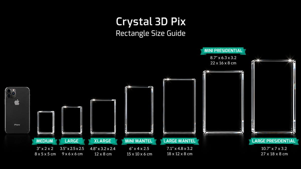 Crystal 3D Pix 3D Crystal Rectangle size guide shows seven labeled rectangles with dimensions, best displayed with a light base.