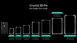 Crystal 3D Pix 3D Crystal Rectangle size guide shows seven labeled rectangles with dimensions, best displayed with a light base.